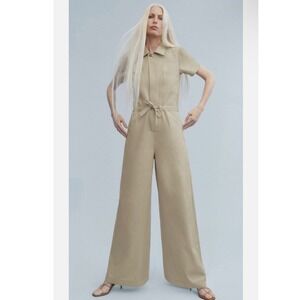 G. Label by Goop Christina Wide-Leg Shirt Jumpsuit Tan Size 4‎